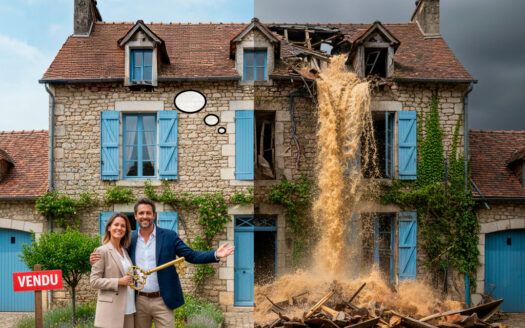 Couple souriant devant une maison de campagne française mi-rénovée mi-détruite par des vices cachés, avec l'eau qui jaillit et des débris. Illustration des risques immobiliers.