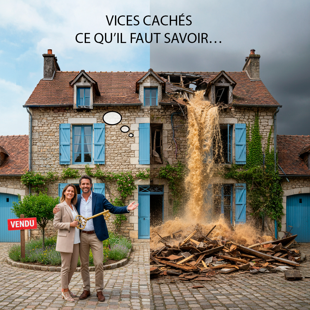 Couple souriant devant une maison de campagne française mi-rénovée mi-détruite par des vices cachés, avec l'eau qui jaillit et des débris. Illustration des risques immobiliers.